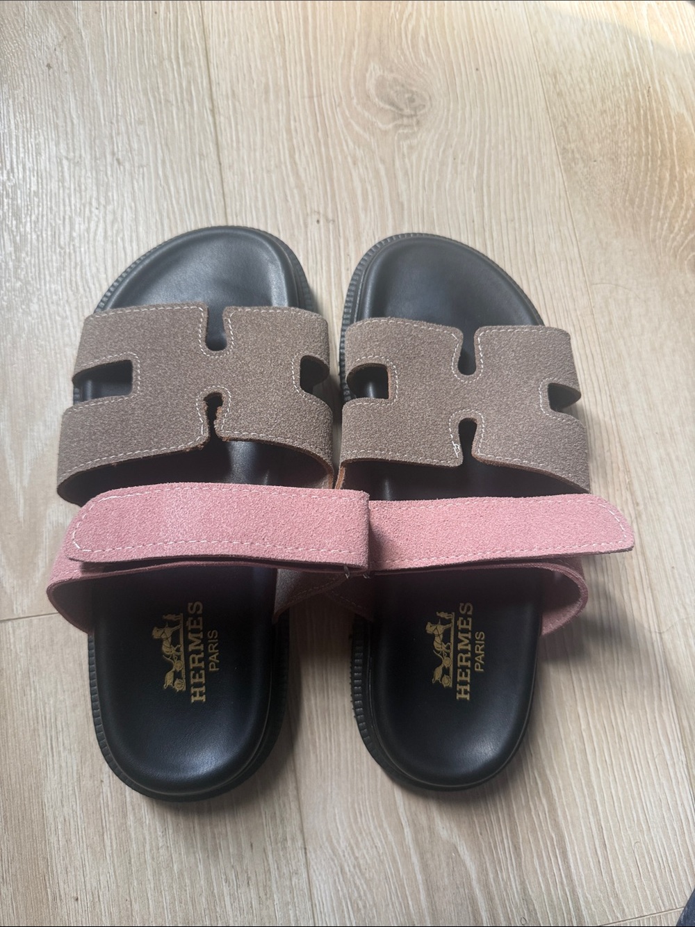 Hermes Two-Tone Suede Slide Sandals in Brown and Pink